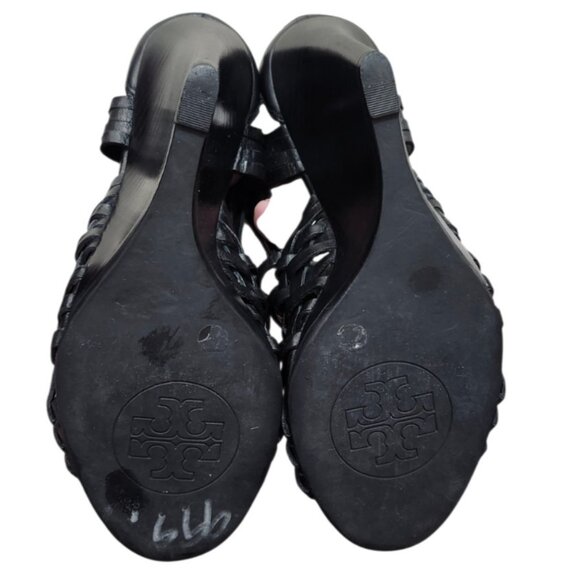 Tory Burch Black Leather Wedge Sandals Women’s 7M Woven Zip Back Brazil